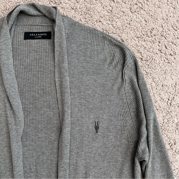 Allsaints Open Front Logo Embroidered Gray Cardigan Wool Blend Womens XL - Picture 8 of 16